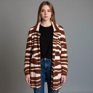 Liverpool Los Angeles Zebra Print Fuzzy Eyelash Knit Cardigan Brown Cream XL